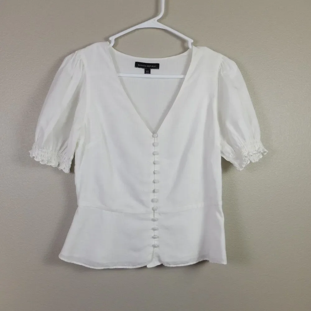 Banana Republic White Linen Cotton Peplum Top Size XS
